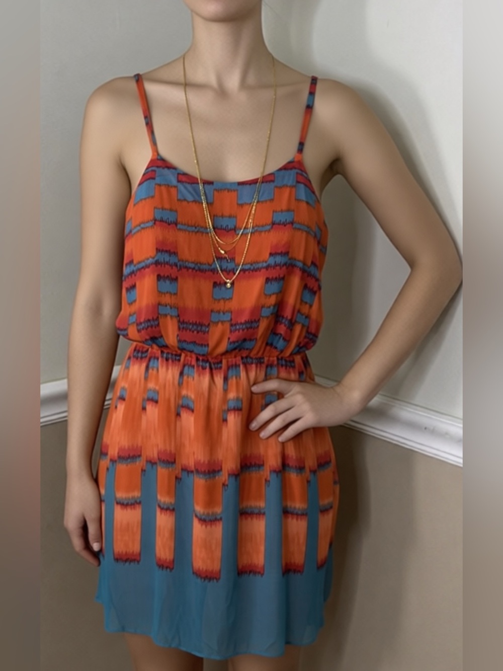 NWT Calvin Klein Jeans Red & Teal Abstract Print Top